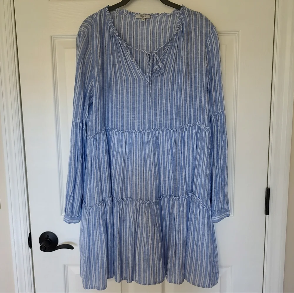 Rails Everly Ludlow Stripe Tiered Dress Rayon Linen Blue White S
